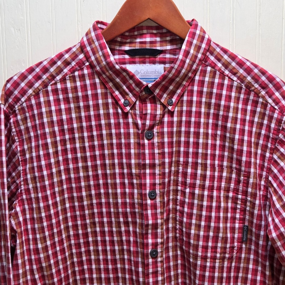 Columbia Shirt Mens Large Red Check Plaid Long Sleeve Button Down Stretch Casual